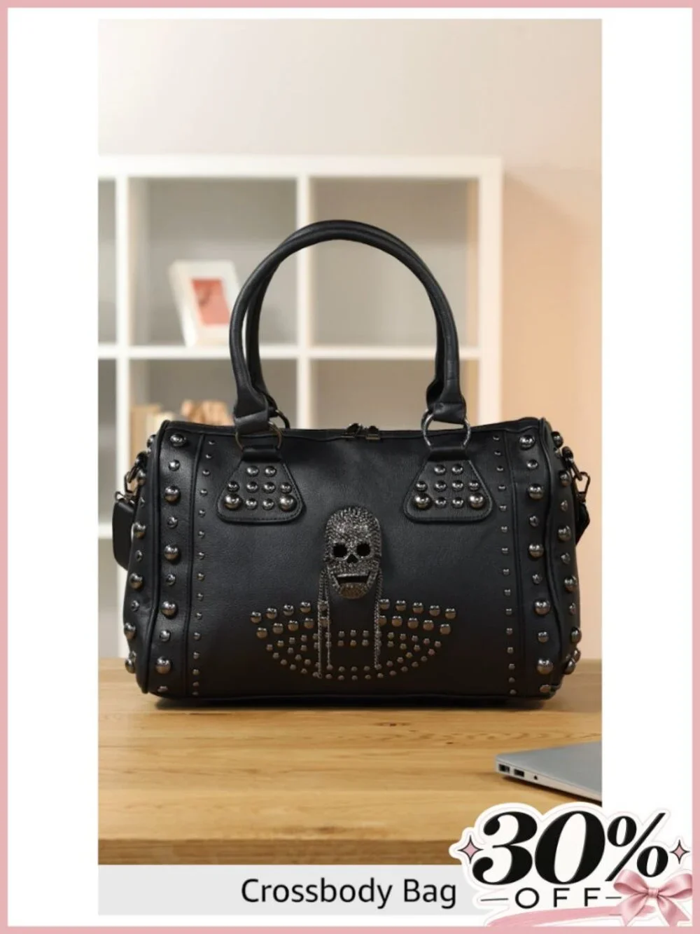 Gothic Skull Shoulder Bag Faux Leather Large Capacity Handbag with Studs
